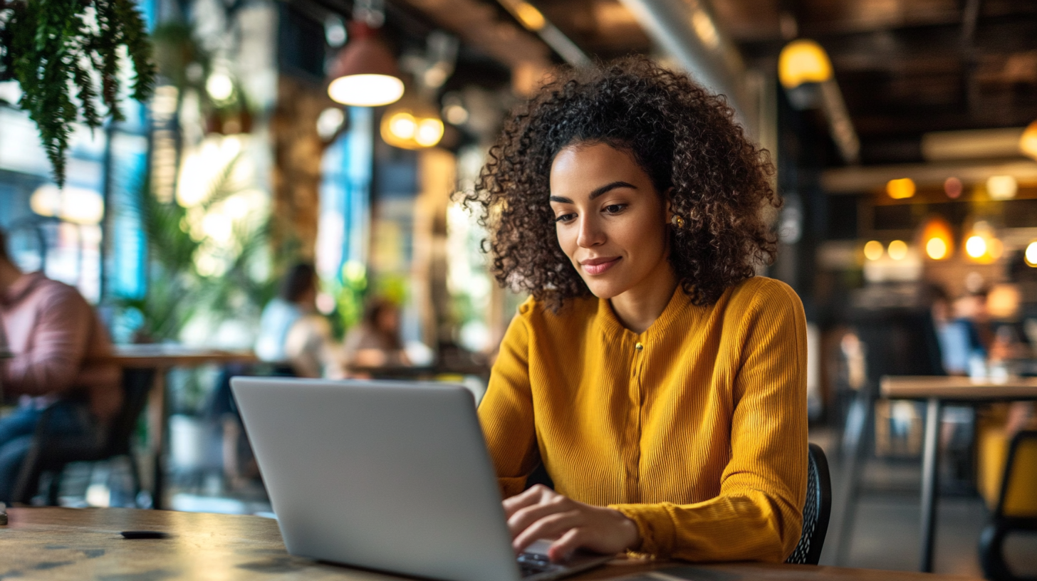 Femme travaillant sur ordinateur portable dans café animé